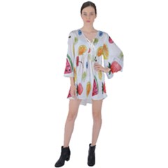 Fruit Summer Vitamin Watercolor V-neck Flare Sleeve Mini Dress by artworkshop