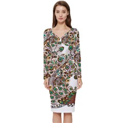 Peacock Graceful Bird Animal Long Sleeve V-neck Bodycon Dress  by artworkshop