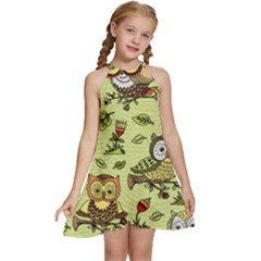 Seamless-pattern-with-flowers-owls Kids  Halter Collar Waist Tie Chiffon Dress by Pakemis