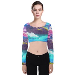 Fantasy Japan Mountains Cherry Blossoms Nature Velvet Long Sleeve Crop Top by Uceng