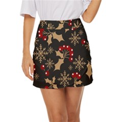 Christmas Pattern With Snowflakes Berries Mini Front Wrap Skirt by Uceng