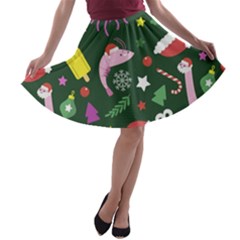 Dinosaur Colorful Funny Christmas Pattern A-line Skater Skirt by Uceng