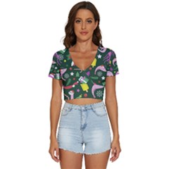 Dinosaur Colorful Funny Christmas Pattern V-neck Crop Top by Uceng