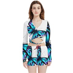 Blue And Pink Butterfly Illustration, Monarch Butterfly Cartoon Blue, Cartoon Blue Butterfly Free Pn Velvet Wrap Crop Top And Shorts Set by asedoi