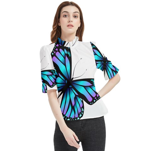 Blue And Pink Butterfly Illustration, Monarch Butterfly Cartoon Blue, Cartoon Blue Butterfly Free Pn Frill Neck Blouse by asedoi