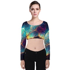 Abstract Galactic Velvet Long Sleeve Crop Top by Ravend