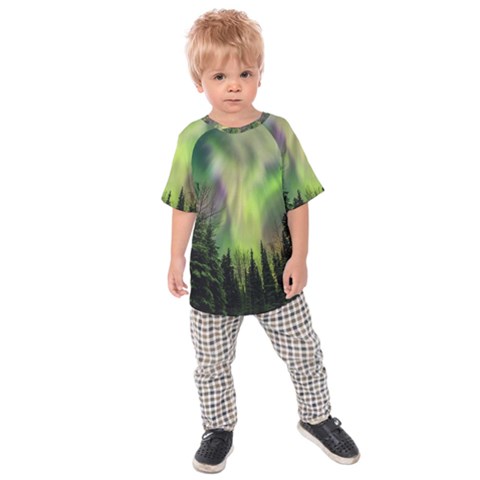 Aurora Borealis In Sky Over Forest Kids  Raglan Tee by danenraven