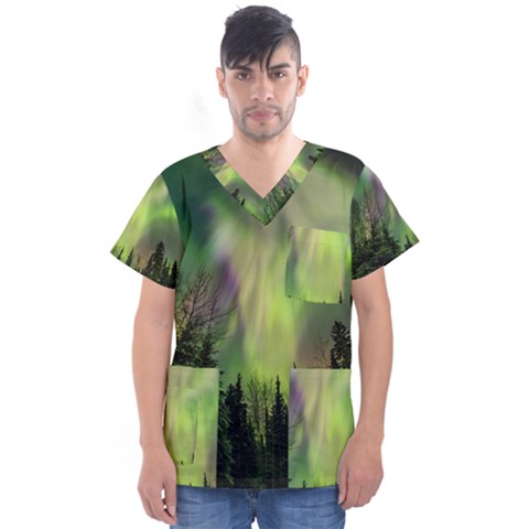 Aurora Borealis In Sky Over Forest Men s V-neck Scrub Top by danenraven