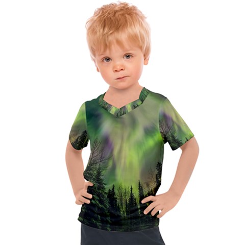 Aurora Borealis In Sky Over Forest Kids  Sports Tee by danenraven