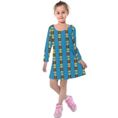 Square And Circles Blue Kids  Long Sleeve Velvet Dress by FunDressesShop