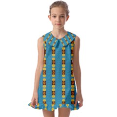 Square And Circles Blue Kids  Pilgrim Collar Ruffle Hem Dress by FunDressesShop