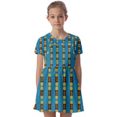 Square And Circles Blue Kids  Short Sleeve Pinafore Style Dress by FunDressesShop