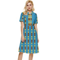 Square And Circles Blue Button Top Knee Length Dress by FunDressesShop