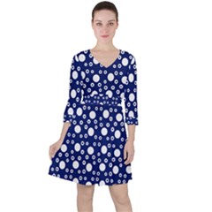 White Circles Blue Quarter Sleeve Ruffle Waist Dress by FunDressesShop