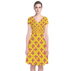 Flowers Shapes On Yellow Short Sleeve Front Wrap Dress by FunDressesShop