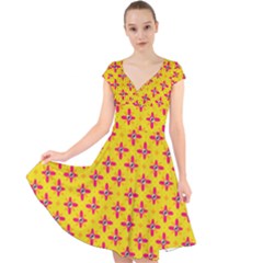 Flowers Shapes On Yellow Cap Sleeve Front Wrap Midi Dress by FunDressesShop