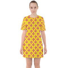 Flowers Shapes On Yellow Sixties Short Sleeve Mini Dress by FunDressesShop