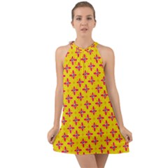 Flowers Shapes On Yellow Halter Tie Back Chiffon Dress by FunDressesShop