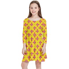 Flowers Shapes On Yellow Kids  Quarter Sleeve Skater Dress by FunDressesShop