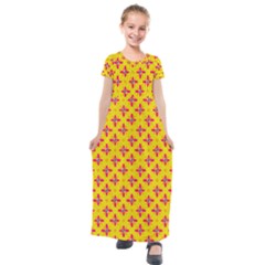 Flowers Shapes On Yellow Kids  Short Sleeve Maxi Dress by FunDressesShop