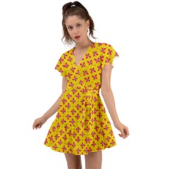 Flowers Shapes On Yellow Flutter Sleeve Wrap Dress by FunDressesShop