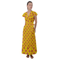 Flowers Shapes On Yellow Flutter Sleeve Maxi Dress by FunDressesShop