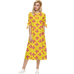 Flowers Shapes On Yellow Bow Sleeve Chiffon Midi Dress by FunDressesShop