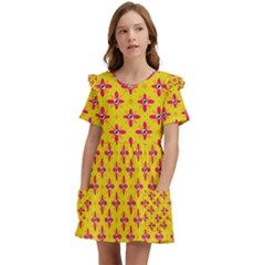 Flowers Shapes On Yellow Kids  Frilly Sleeves Pocket Dress by FunDressesShop