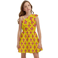 Flowers Shapes On Yellow Kids  One Shoulder Party Dress by FunDressesShop