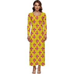 Flowers Shapes On Yellow Long Sleeve Velour Longline Maxi Dress by FunDressesShop