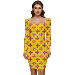 Flowers Shapes On Yellow Women Long Sleeve Ruched Stretch Jersey Dress by FunDressesShop