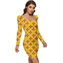 Flowers Shapes on yellow Women Long Sleeve Ruched Stretch Jersey Dress View2