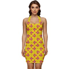 Flowers Shapes On Yellow Sleeveless Wide Square Neckline Ruched Bodycon Dress by FunDressesShop