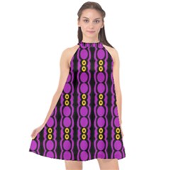 Purple And Yellow Circles On Black Halter Neckline Chiffon Dress  by FunDressesShop