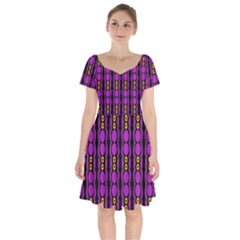 Purple And Yellow Circles On Black Short Sleeve Bardot Dress by FunDressesShop