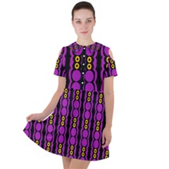 Purple And Yellow Circles On Black Short Sleeve Shoulder Cut Out Dress  by FunDressesShop