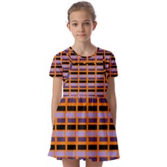 Purple And Black Rectangles Orange Kids  Short Sleeve Pinafore Style Dress by FunDressesShop