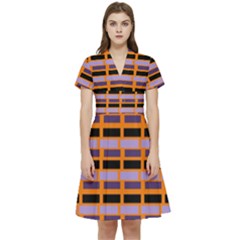 Purple And Black Rectangles Orange Short Sleeve Waist Detail Dress by FunDressesShop