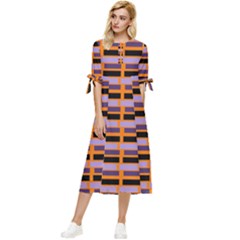 Purple And Black Rectangles Orange Bow Sleeve Chiffon Midi Dress by FunDressesShop