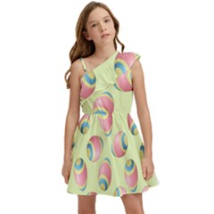 Colorful Easter Eggs Pattern Green Kids  One Shoulder Party Dress by TetiBright