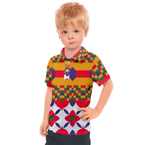 Red Flowers And Colorful Squares                                                                Kids  Polo Tee by LalyLauraFLM