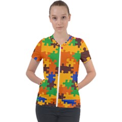 Retro Colors Puzzle Pieces                                                                       Short Sleeve Zip Up Jacket by LalyLauraFLM