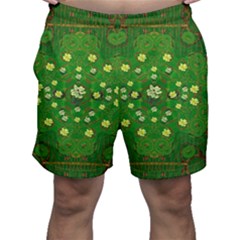 Lotus Bloom In Gold And A Green Peaceful Surrounding Environment Men s Shorts by pepitasart