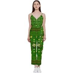 Lotus Bloom In Gold And A Green Peaceful Surrounding Environment V-neck Spaghetti Strap Tie Front Jumpsuit by pepitasart