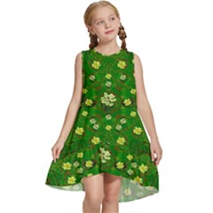 Lotus Bloom In Gold And A Green Peaceful Surrounding Environment Kids  Frill Swing Dress by pepitasart