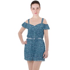 White And Blue Brick Wall Ruffle Cut Out Chiffon Playsuit by artworkshop