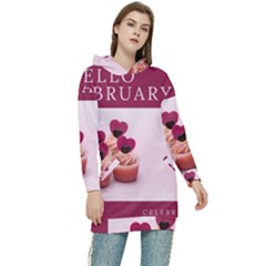 Hello February Text And Cupcakes Women s Long Oversized Pullover Hoodie by artworkshop