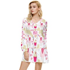 Desserts Pastries Baking Wallpaper Tiered Long Sleeve Mini Dress by Ravend