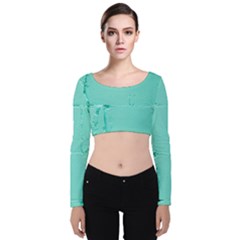 Teal Brick Texture Velvet Long Sleeve Crop Top by artworkshop