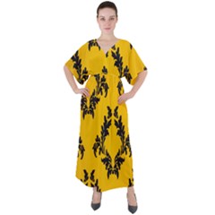 Yellow Regal Filagree Pattern V-neck Boho Style Maxi Dress by artworkshop
